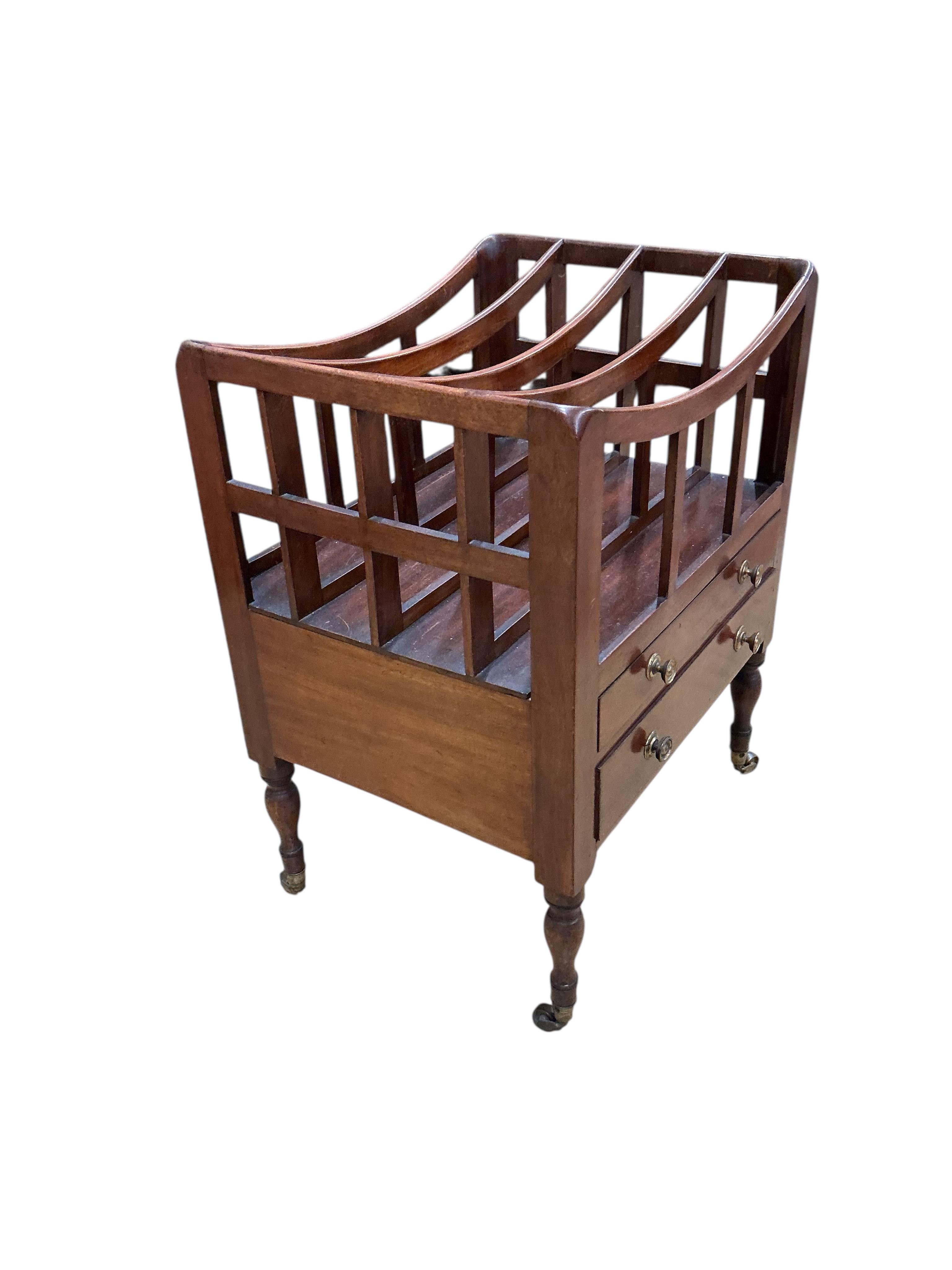 A Regency mahogany four division Canterbury with two base drawers, width 46cm, depth 36cm, height 59cm
